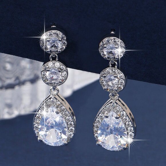 Silver Elegant Women's Water Drop Dangle Earrings - Picture 4 of 7